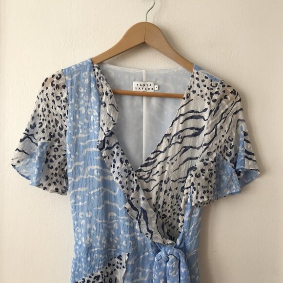 Tanya Taylor Bianka Silk Wrap Dress in Leopard Zebra Light Blue - Picture 5 of 9